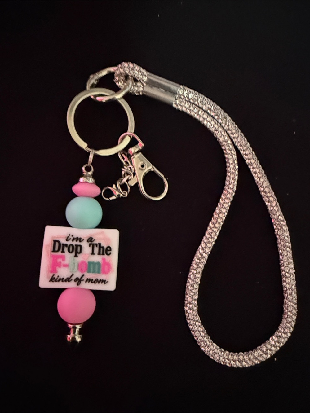 Made by me- Rhinestone Lanyard Keychain with Pink & Mint Bead Charm